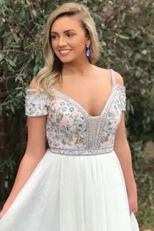 A-Line Square Sweep Train Cold Shoulder Empire White Tulle Prom Dress with Embroidery LR82