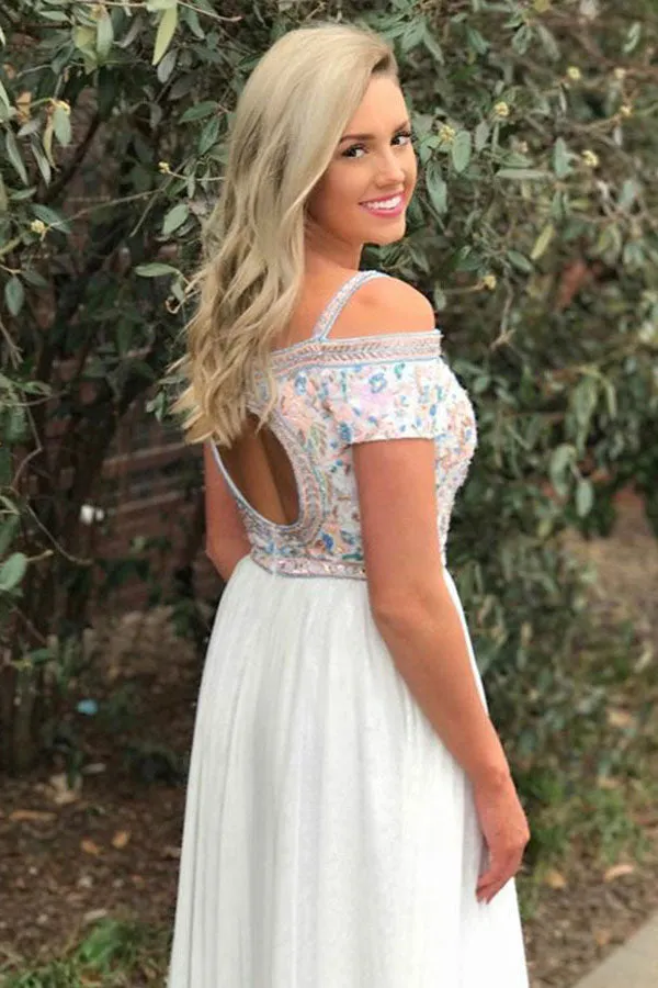 A-Line Square Sweep Train Cold Shoulder Empire White Tulle Prom Dress with Embroidery LR82
