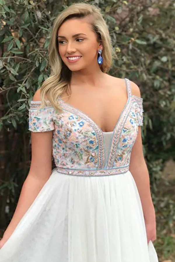 A-Line Square Sweep Train Cold Shoulder Empire White Tulle Prom Dress with Embroidery LR82
