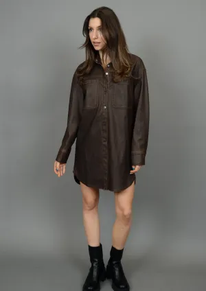 Aliska Distressed Faux Leather Snap Front Shirt Dress | Cedar Brown