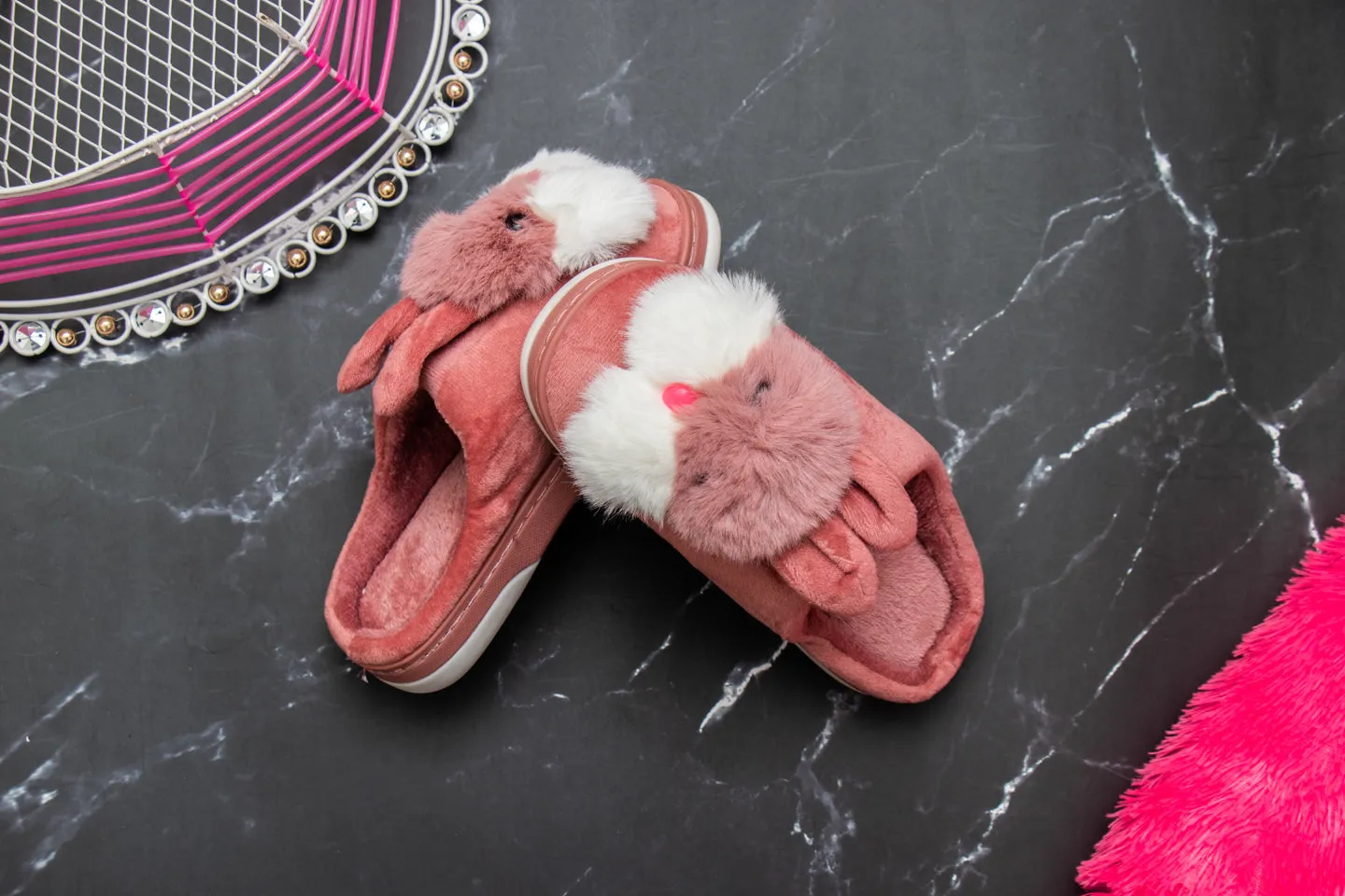 Brauch Women's Pink Furry Rabbit Winter Slippers