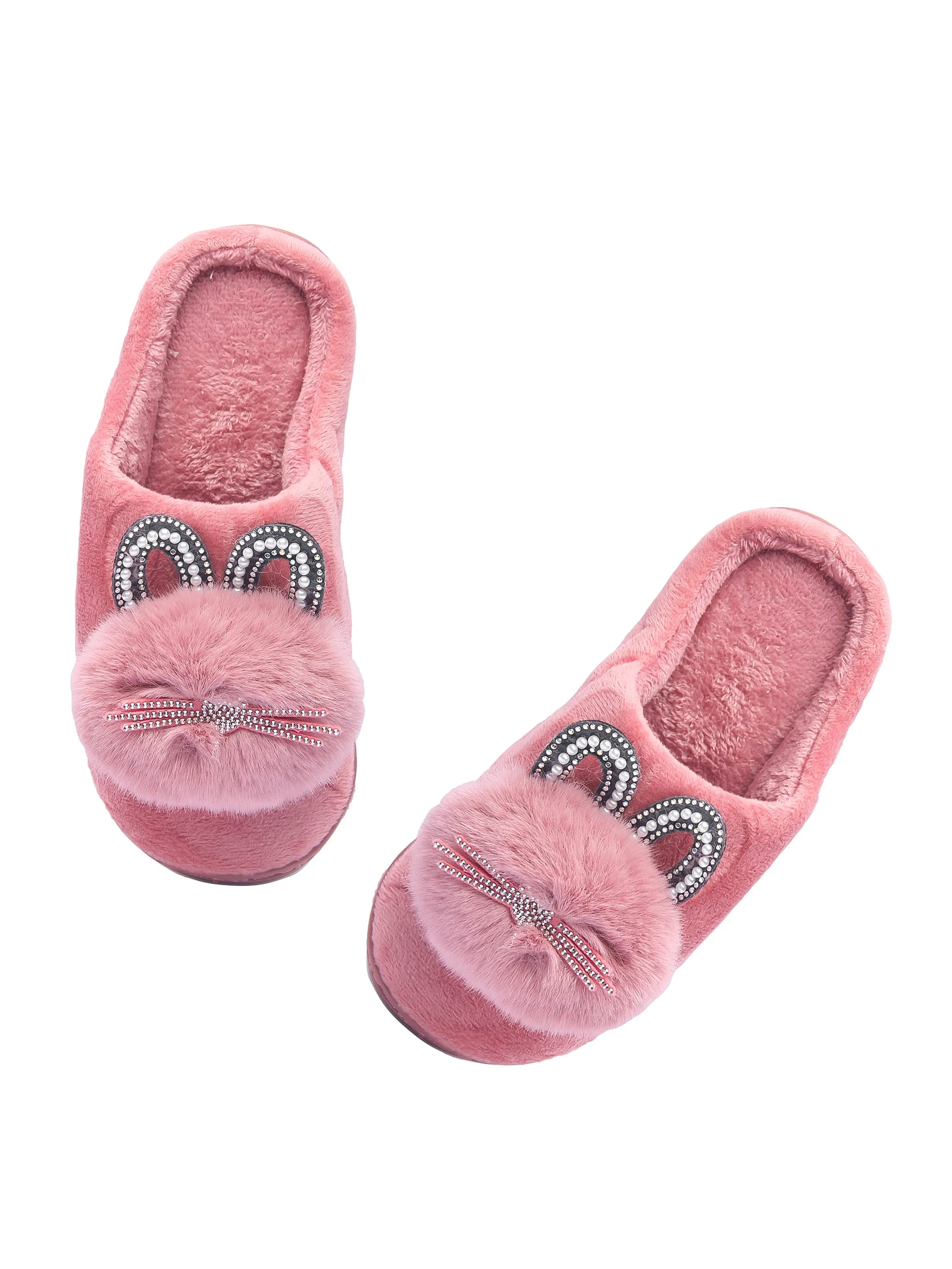 Brauch Women's Pink Pearl Glitter Kitty Winter Slippers