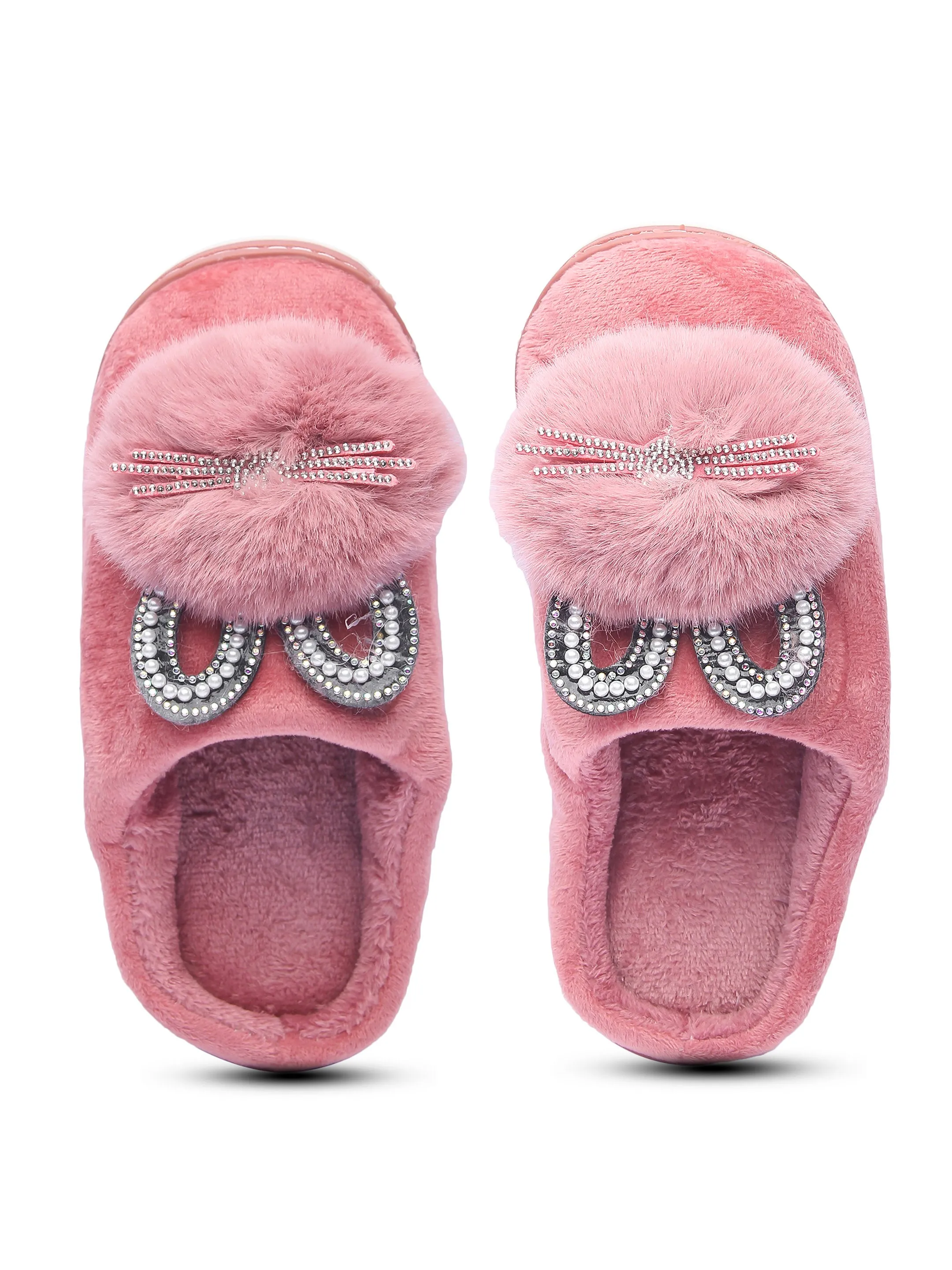 Brauch Women's Pink Pearl Glitter Kitty Winter Slippers