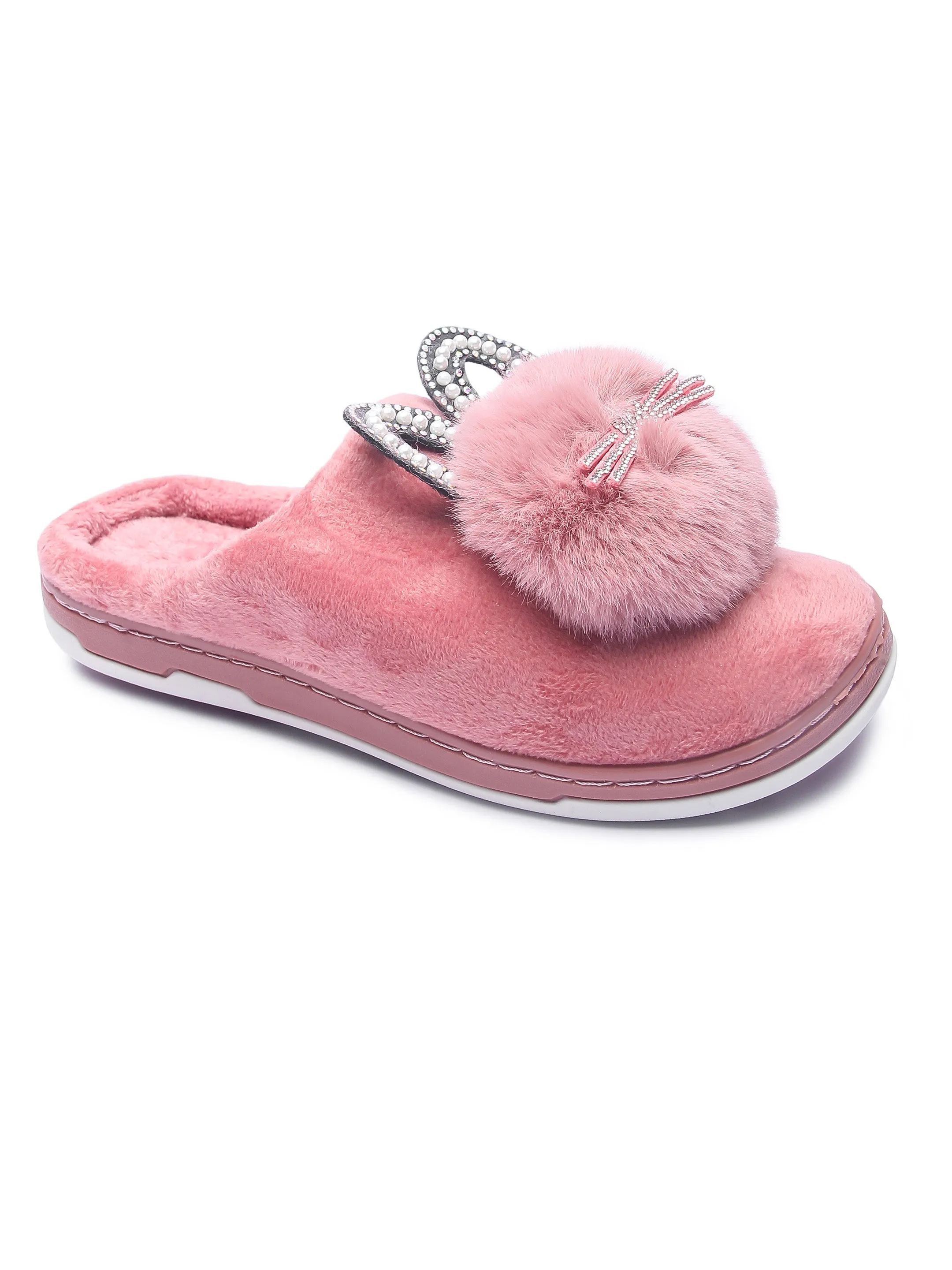 Brauch Women's Pink Pearl Glitter Kitty Winter Slippers