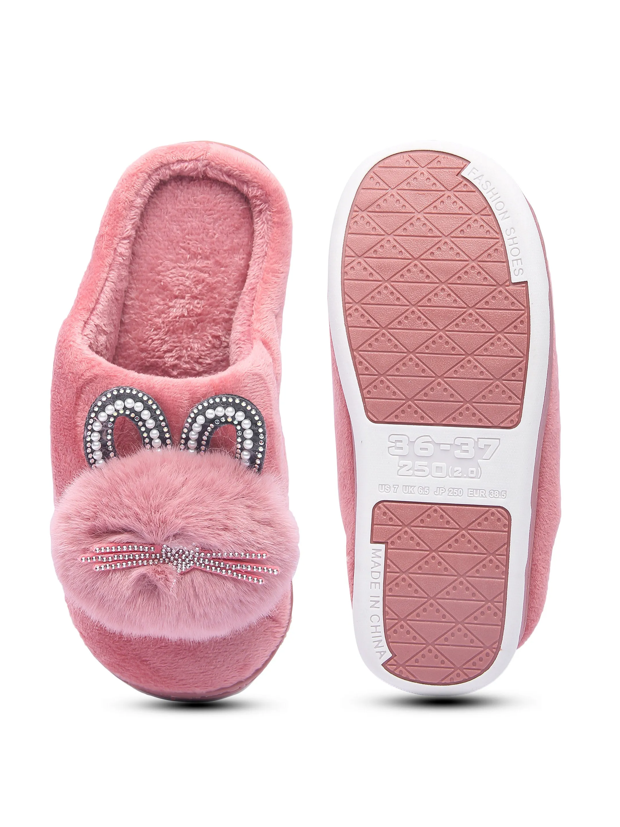 Brauch Women's Pink Pearl Glitter Kitty Winter Slippers