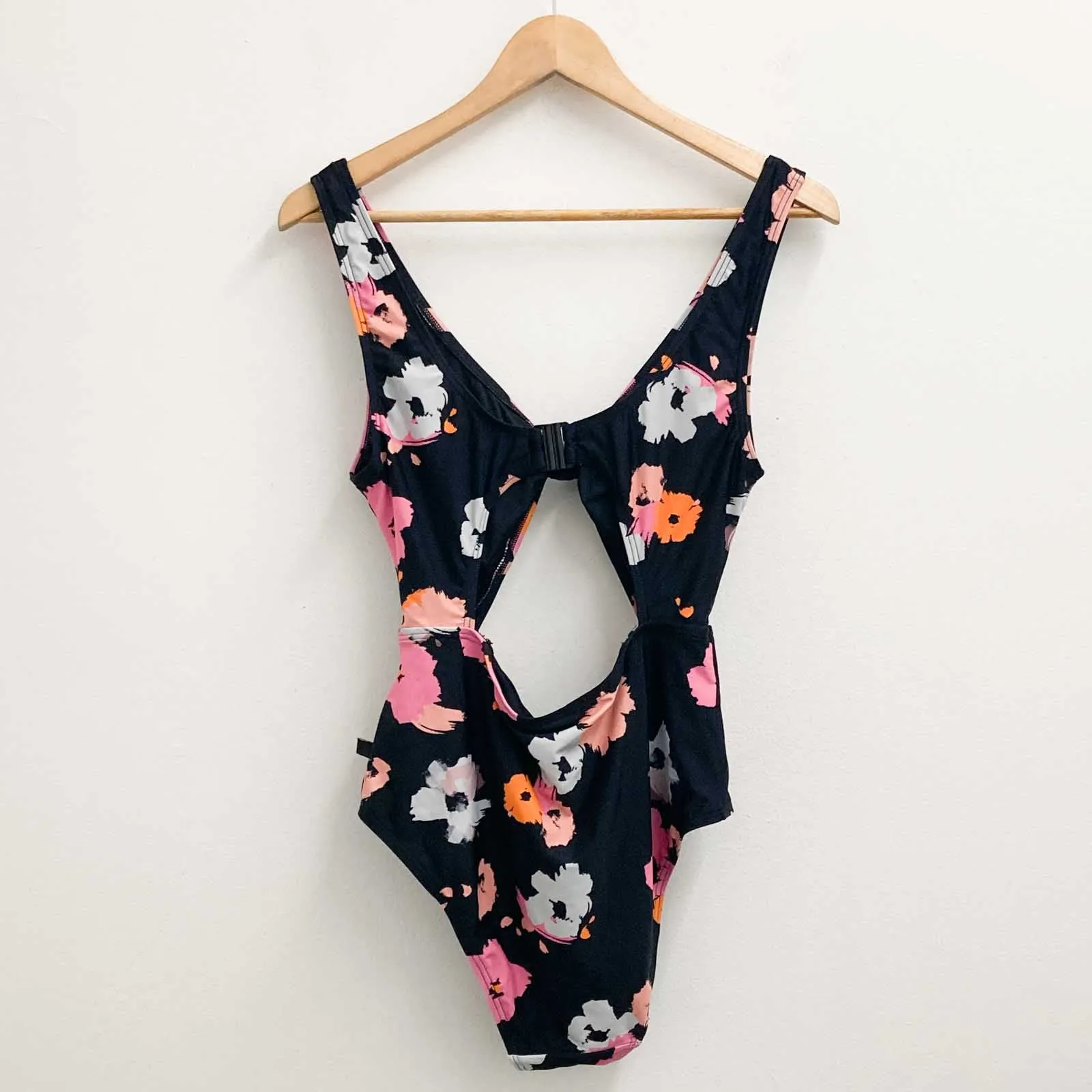 CCX by City Chic Black & Pink Floral Cut Out One Piece Swimsuit UK 12