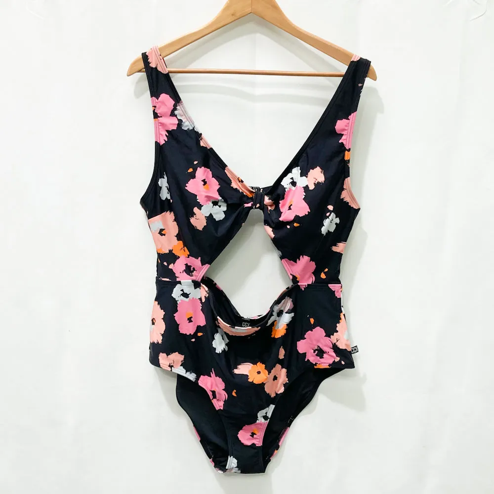 CCX by City Chic Black & Pink Floral Cut Out One Piece Swimsuit UK 12