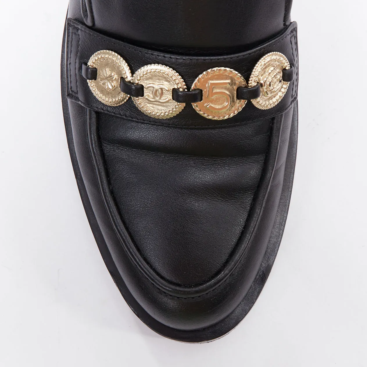 CHANEL 2023 black leather gold CC 5 coin embellished classic loafers EU37