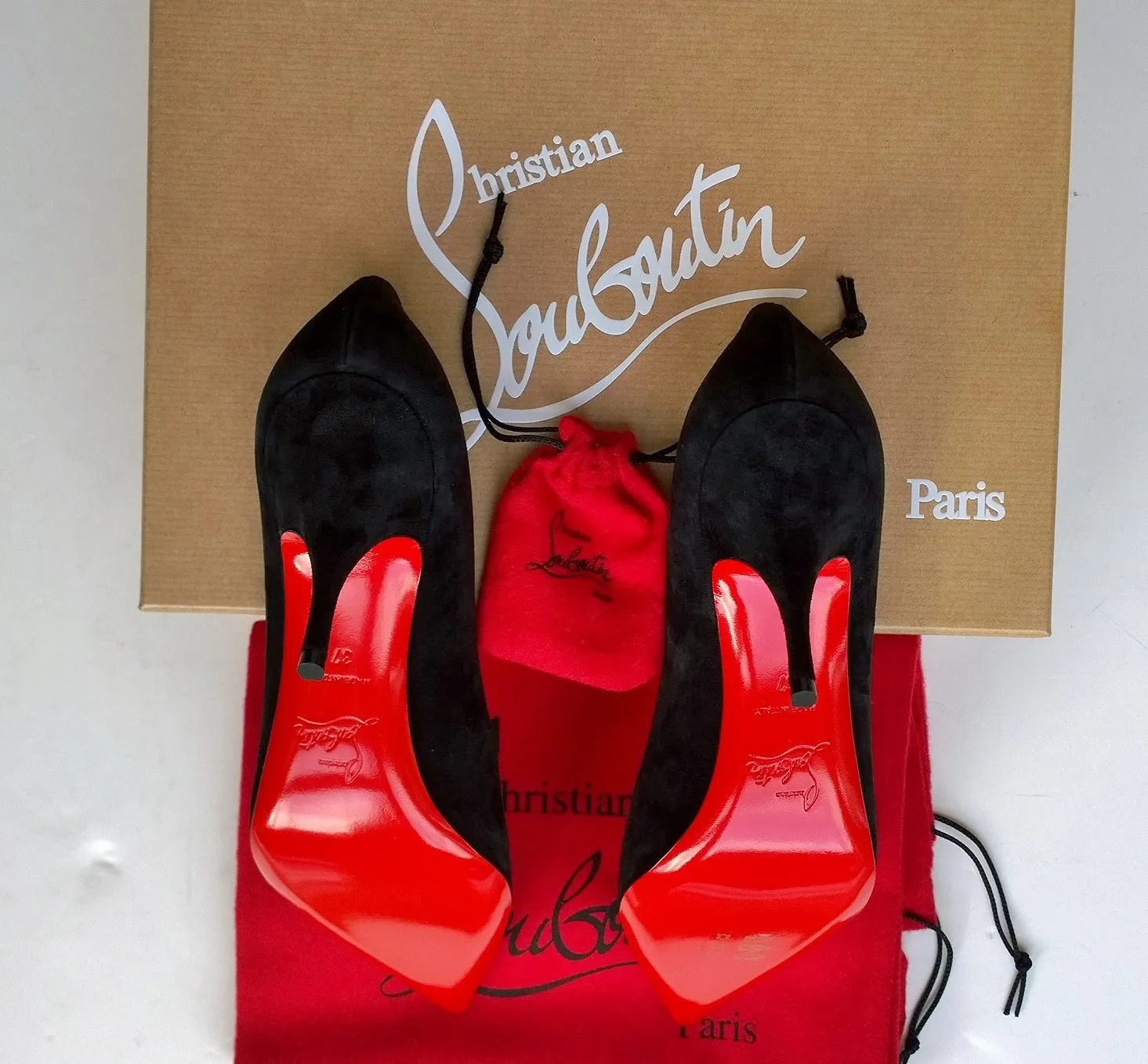 Christian Louboutin CL Logo Pumps in Black Suede with Red 85 Heels