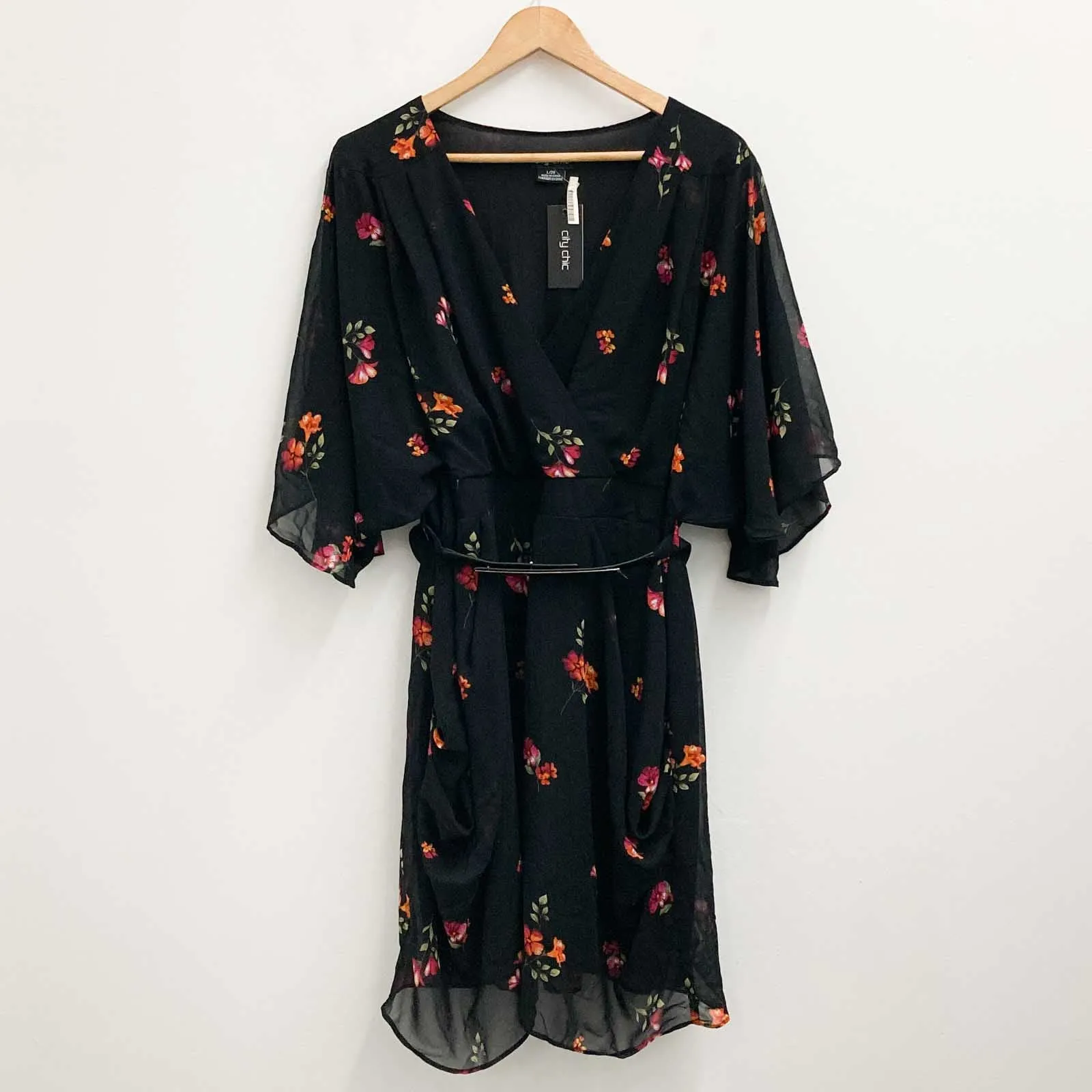 City Chic Black Floral Print Short Belted Dress UK 20