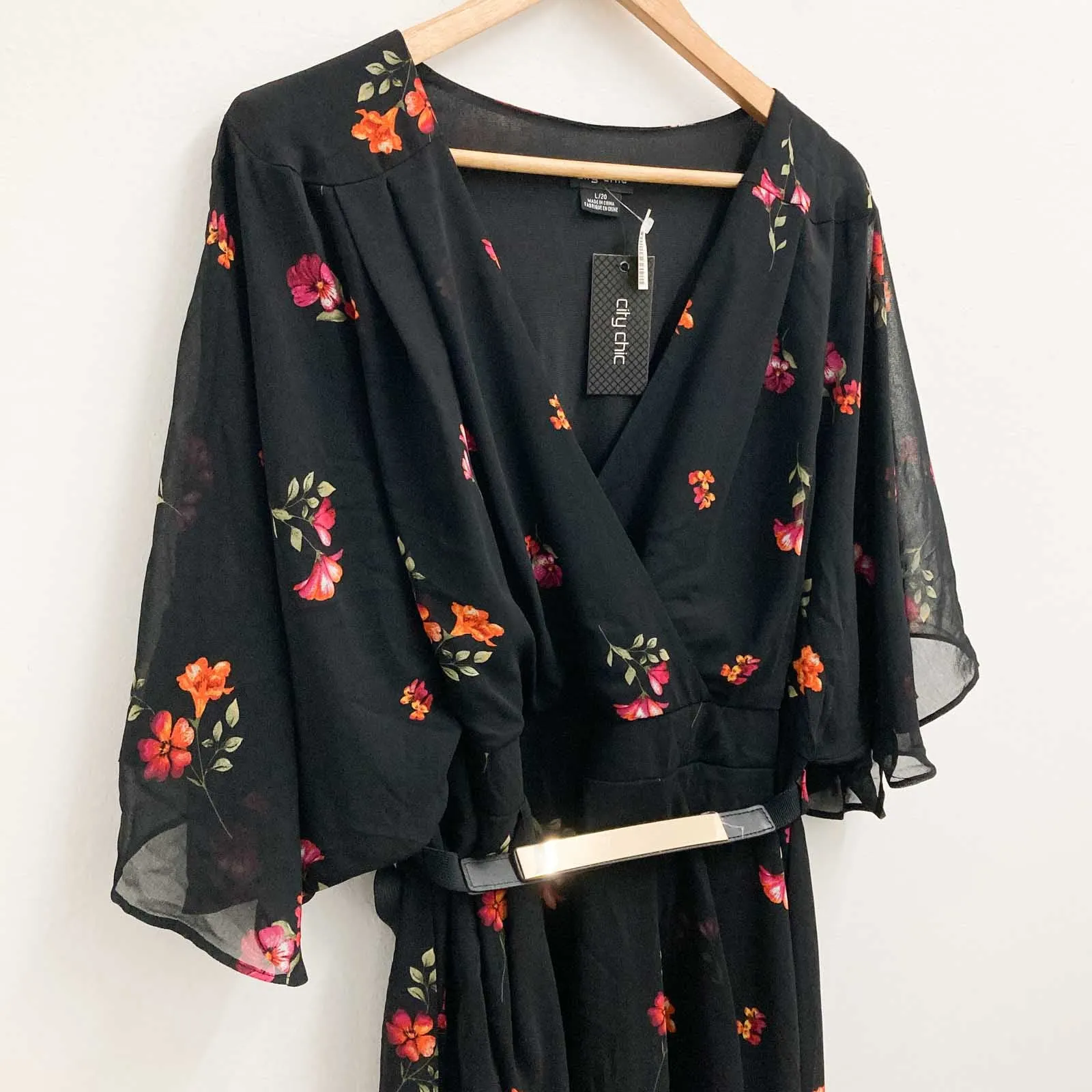 City Chic Black Floral Print Short Belted Dress UK 20