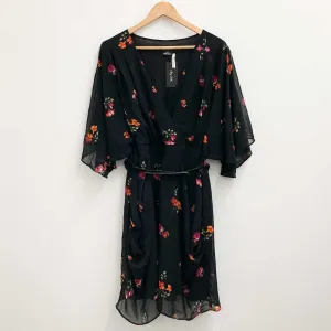 City Chic Black Floral Print Short Belted Dress UK 20