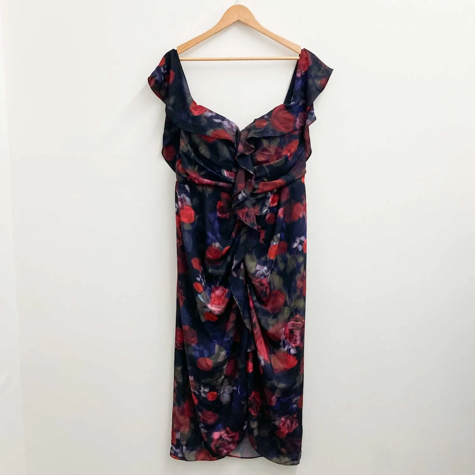 City Chic Black Rose Floral Print Off-Shoulder Tulip Hem Midi Dress UK 16