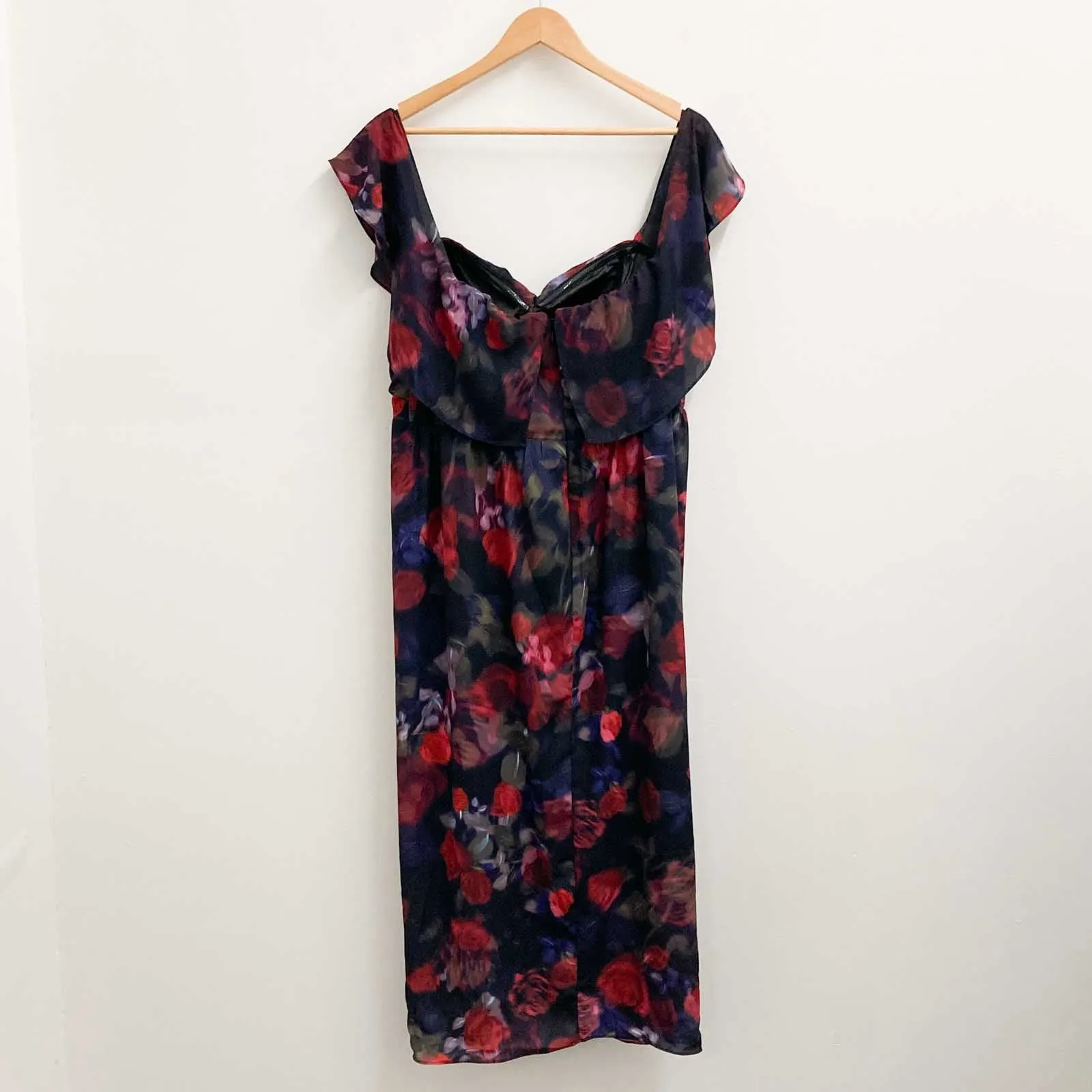 City Chic Black Rose Floral Print Off-Shoulder Tulip Hem Midi Dress UK 16