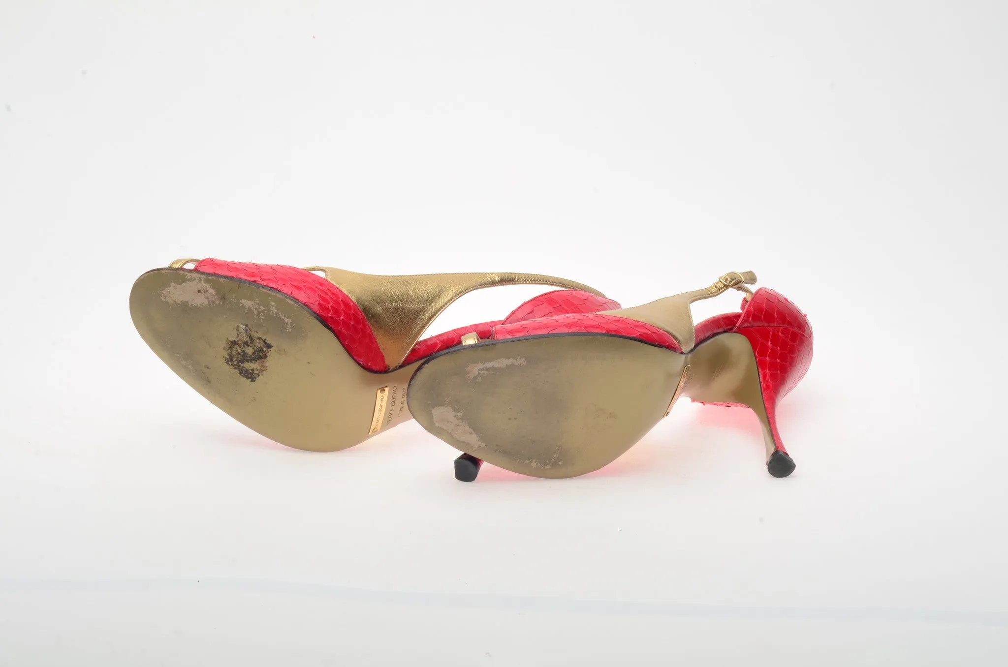 Dolce & Gabbana - Red Snake Skin Gold Strap Peep Toe Heels - IT 38