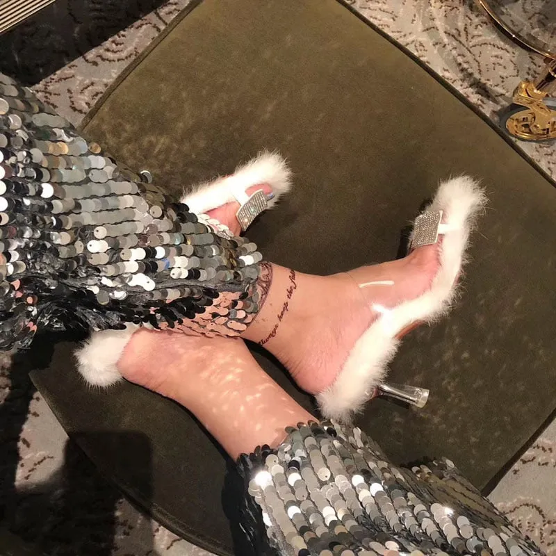 High-Fashion Rhinestone Slip-in Fur High-Heels