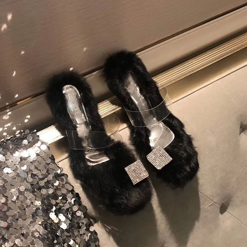 High-Fashion Rhinestone Slip-in Fur High-Heels
