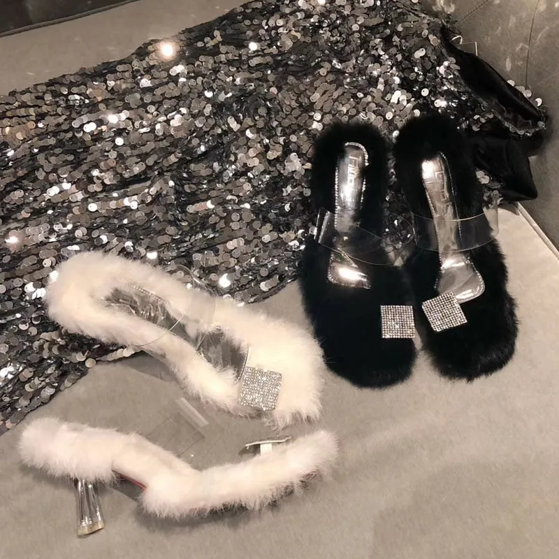 High-Fashion Rhinestone Slip-in Fur High-Heels