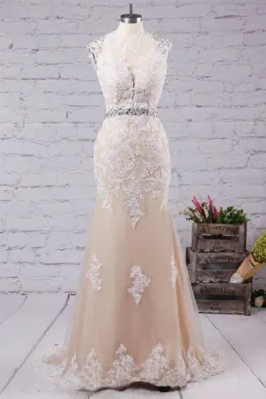Mermaid Jewel Sweep Train Open Back Champagne Tulle Prom Dress with Applqiues  AHC667