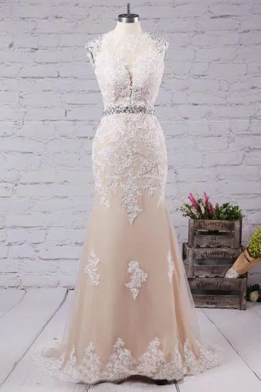 Mermaid Jewel Sweep Train Open Back Champagne Tulle Prom Dress with Applqiues  AHC667