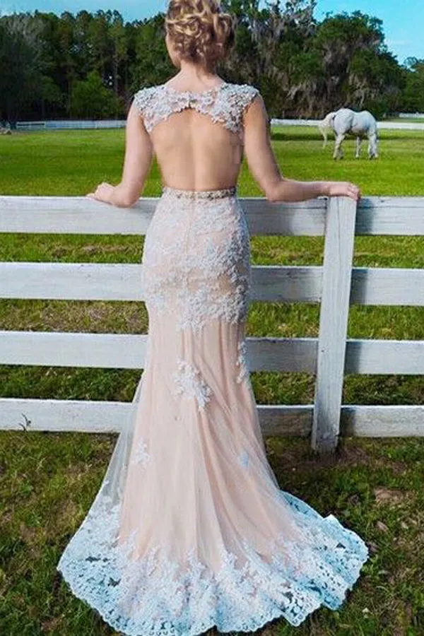 Mermaid Jewel Sweep Train Open Back Champagne Tulle Prom Dress with Applqiues  AHC667