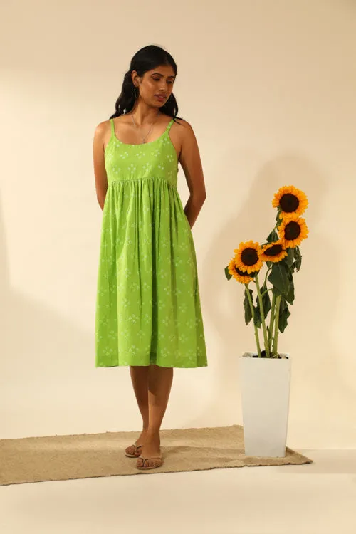 Rangsutra Bandhani Strappy Knee Length Dress In Lime Green