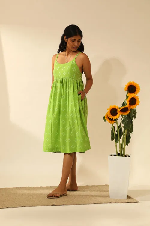 Rangsutra Bandhani Strappy Knee Length Dress In Lime Green