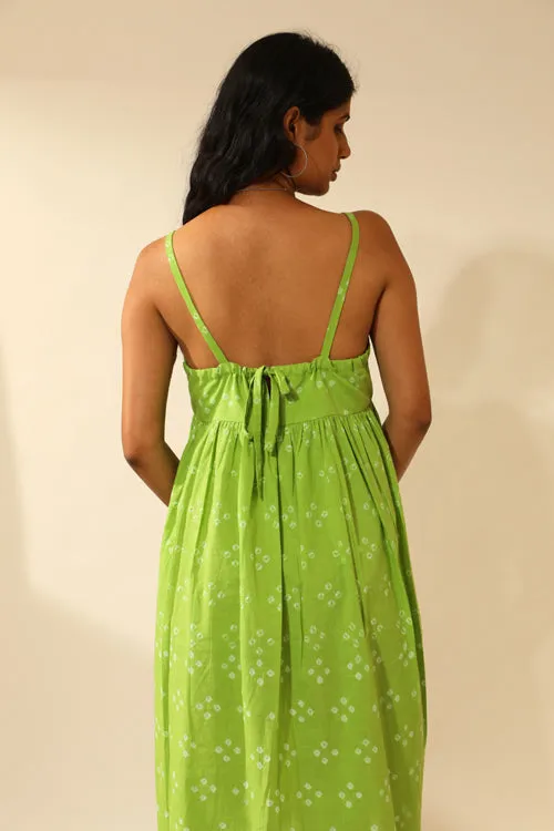 Rangsutra Bandhani Strappy Knee Length Dress In Lime Green