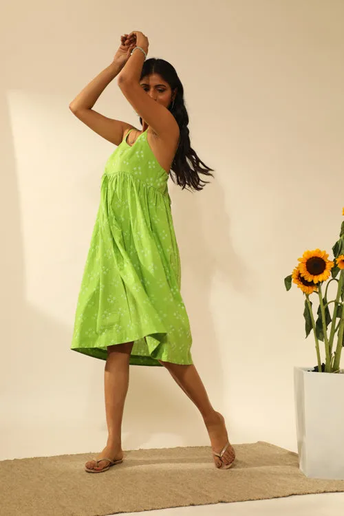 Rangsutra Bandhani Strappy Knee Length Dress In Lime Green