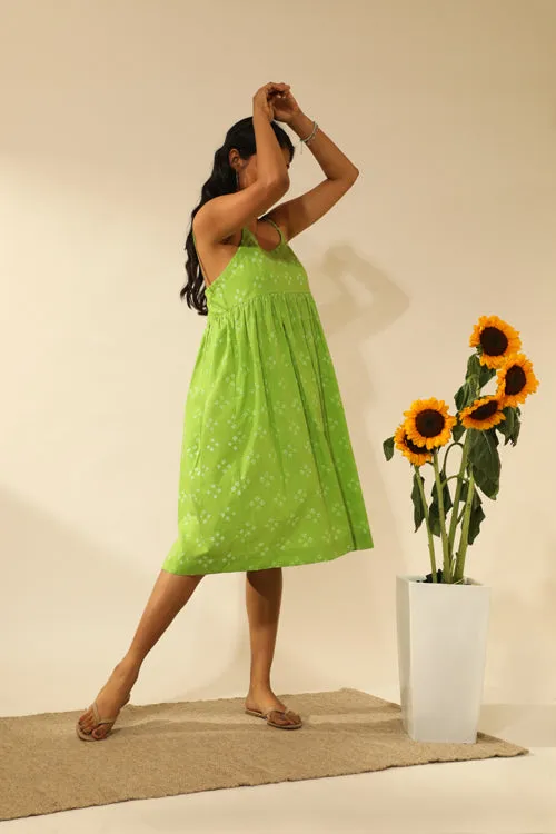 Rangsutra Bandhani Strappy Knee Length Dress In Lime Green