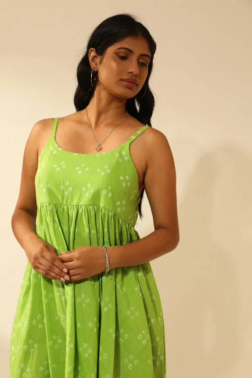 Rangsutra Bandhani Strappy Knee Length Dress In Lime Green