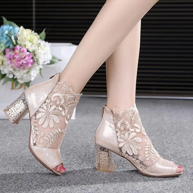 Romantic Mesh Peep Toe Summer Chunky Heels