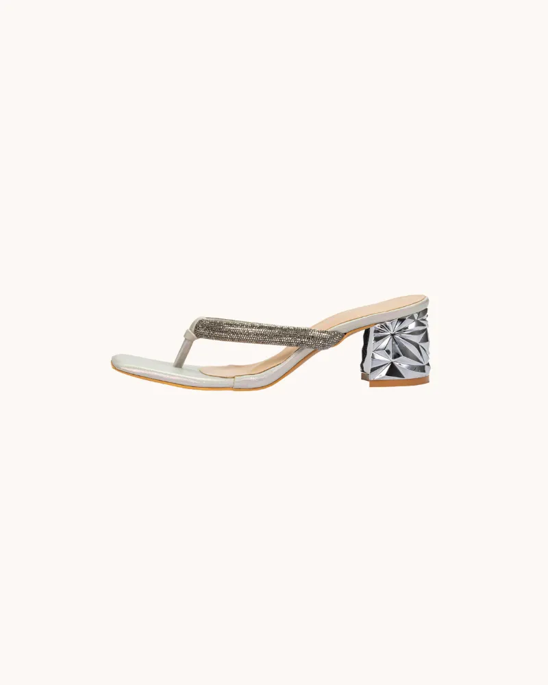 Silver Sequin Strap Block Heels for Women