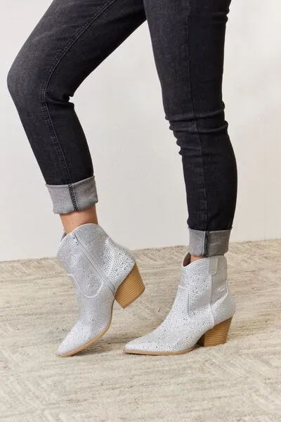 Star of the Show Rhinestone Ankle Cowboy Boots in Silver