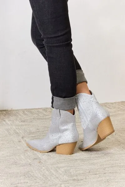 Star of the Show Rhinestone Ankle Cowboy Boots in Silver