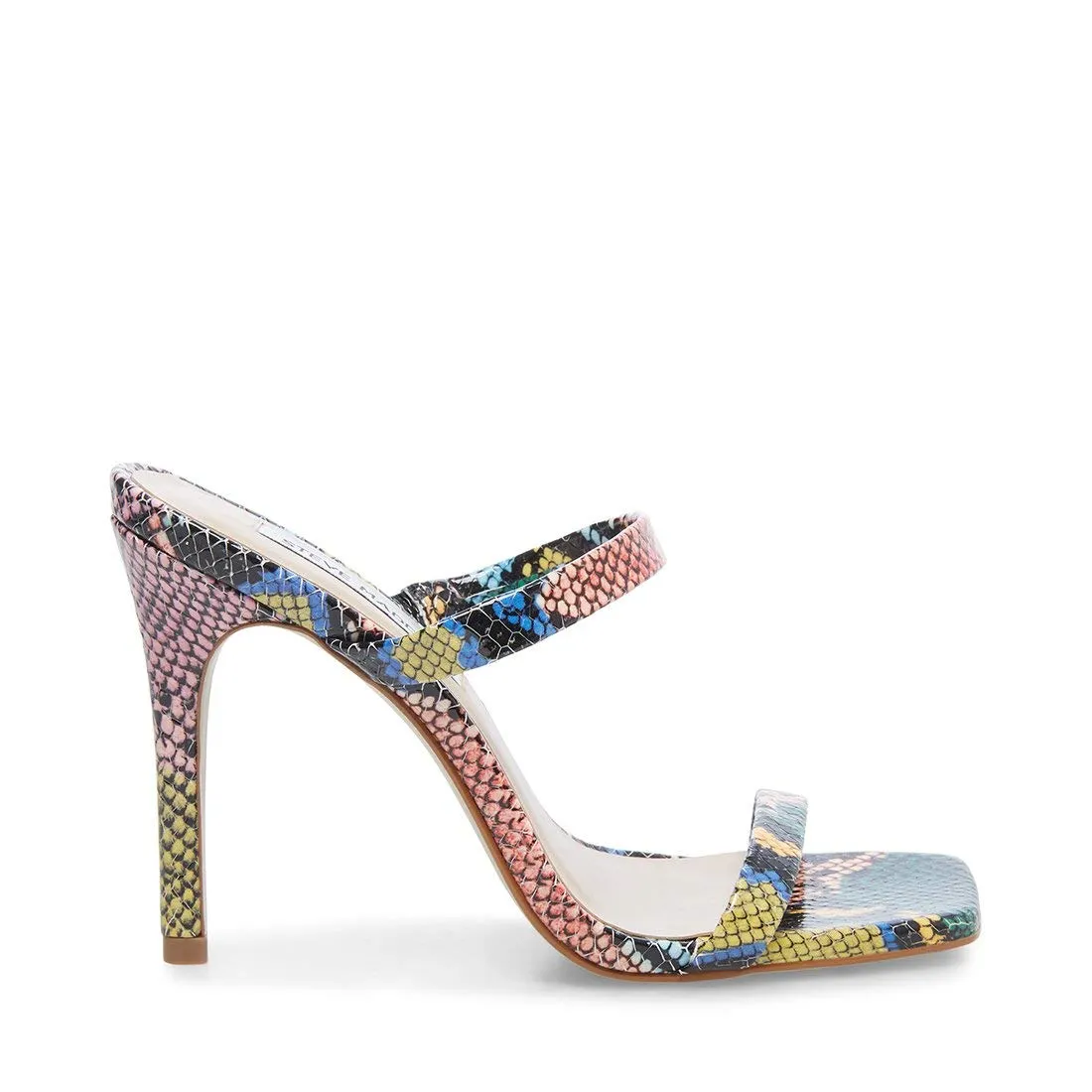 Steve Madden Michelle Heeled Sandal Multi Snake Open Toe Square High Heel Mules