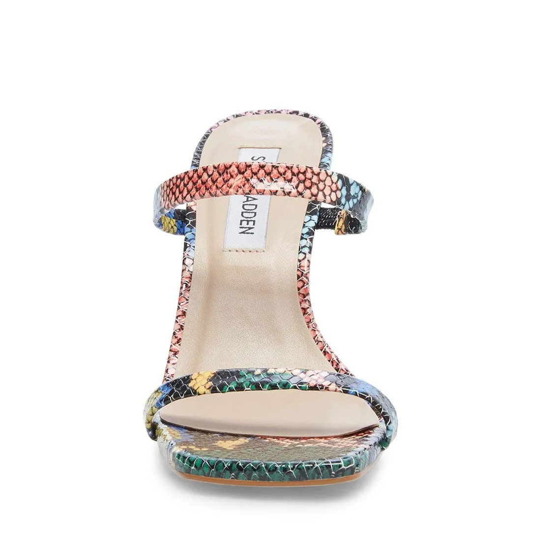 Steve Madden Michelle Heeled Sandal Multi Snake Open Toe Square High Heel Mules