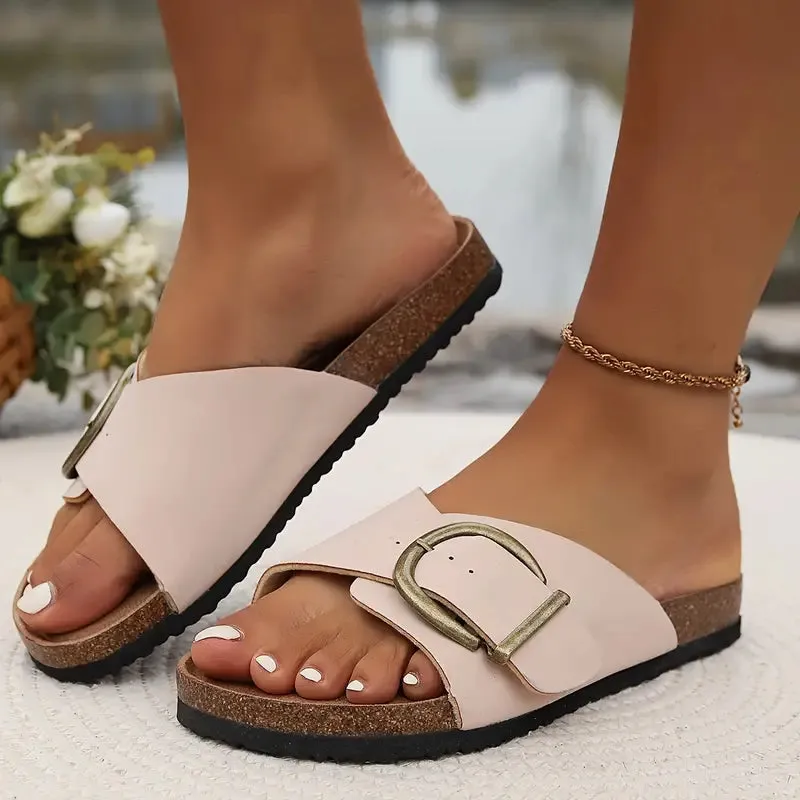 Stijlvolle kurkslippers met open teen en gespsluiting