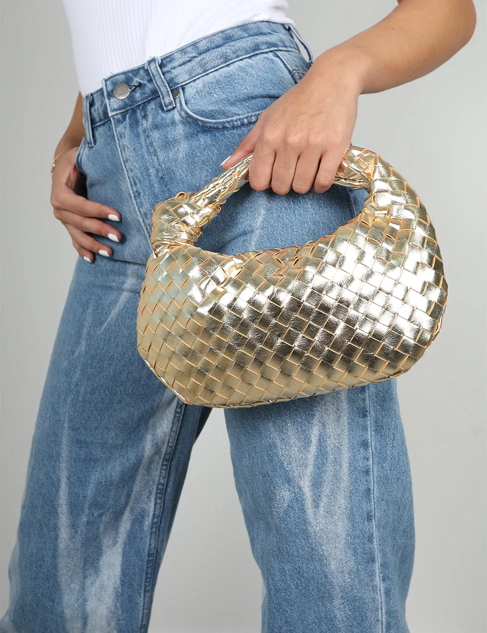 The Blame Metallic Gold Woven PU Knot Detail Mini Grab Bag