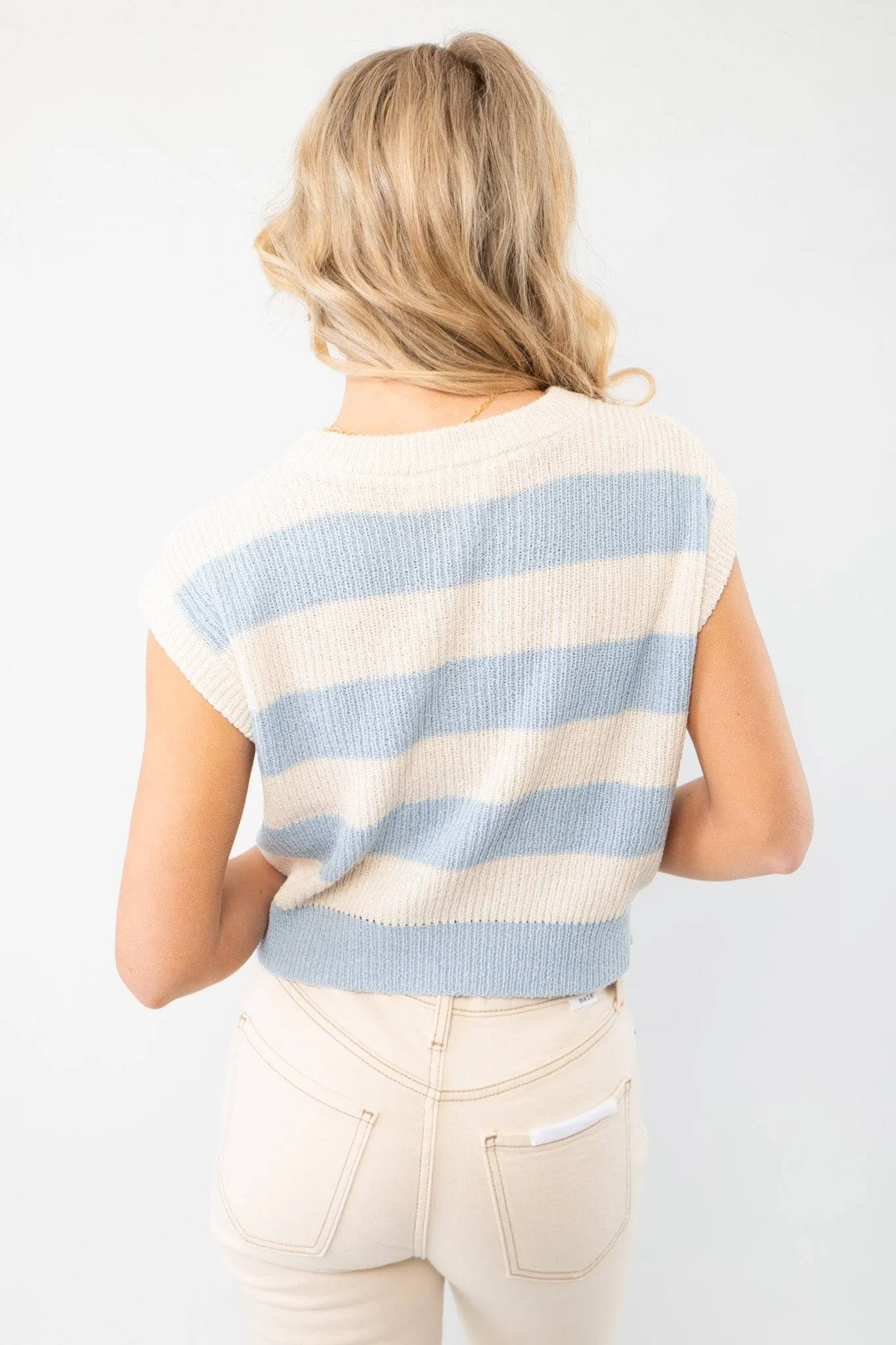 Tyler Blue Striped Knit Cropped Vest