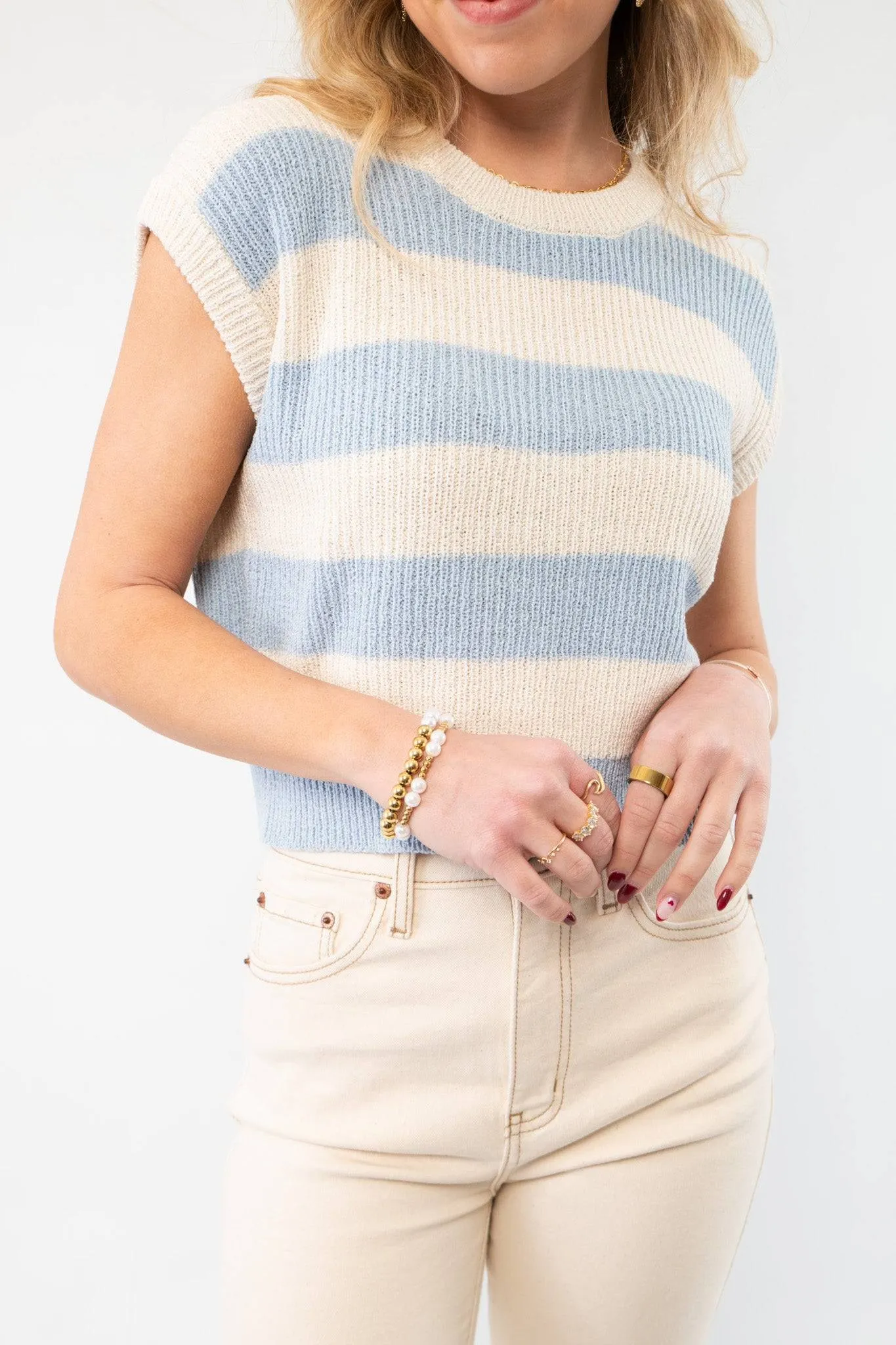 Tyler Blue Striped Knit Cropped Vest