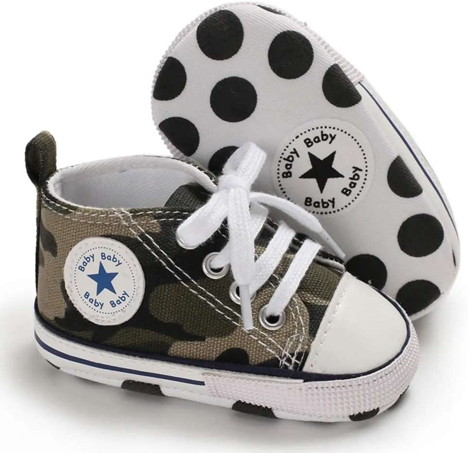 Unisex Baby Soft Sole Sneakers, Canvas Denim High Top, Newborn Infant First Walkers