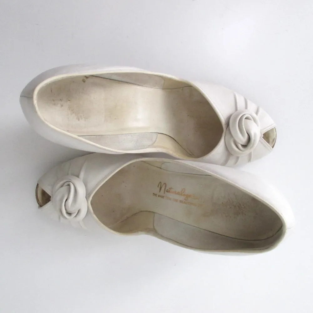 Vintage 40s 50s White Knotted Vamp Peep Toe Heels Shoes 7 / 7.5