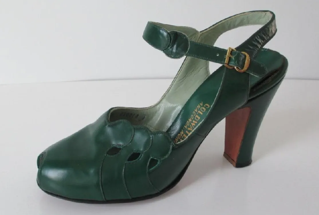 Vintage 40's Kelly Green Peep Toe Heels Shoes 8.5