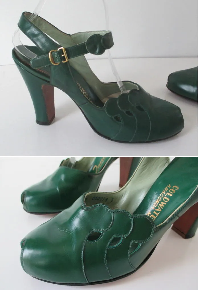 Vintage 40's Kelly Green Peep Toe Heels Shoes 8.5
