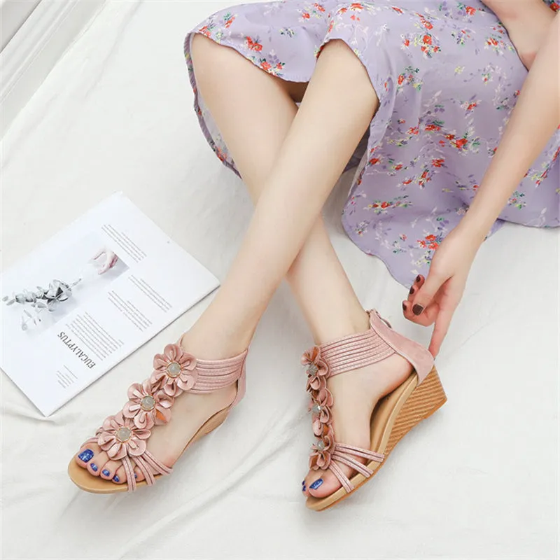 Women flowers peep toe side hollow back zipper wedge sandals