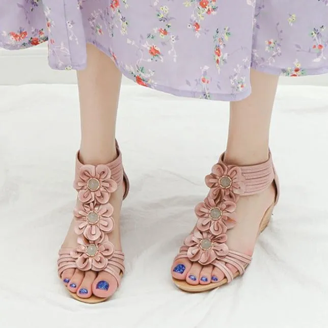 Women flowers peep toe side hollow back zipper wedge sandals