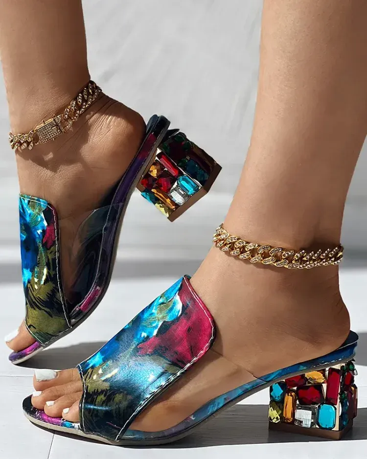 Women's Croc Embossed Rhinestone Chunky Heels