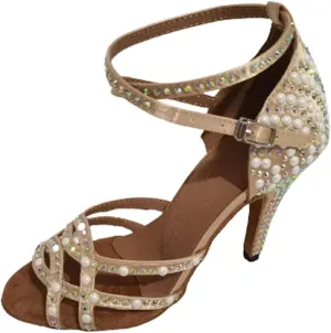 Women's Peep Toe Cross Strap Rhinestones Social Tango Ballroom Latin Modern Dance Shoes, Salsa Latin Dancing Heels, for Wedding Evening Party (Color : White 8.5cm, Size : 8)