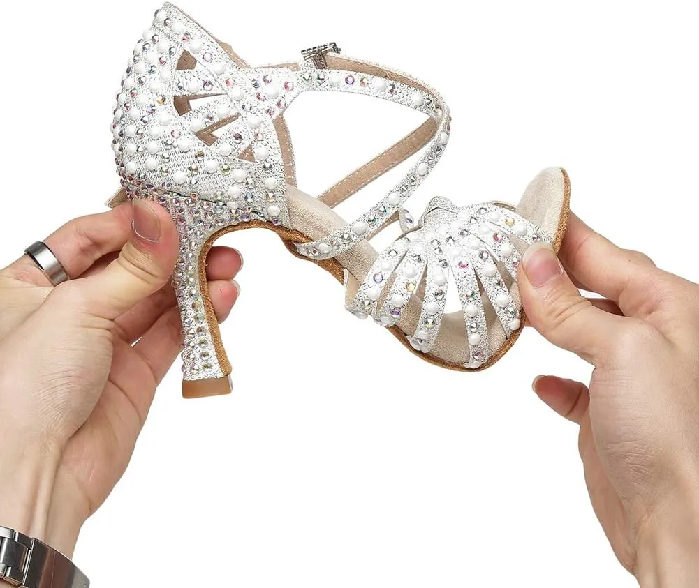 YKXLM Women Dance Shoes Rhinestone Ballroom Latin Salsa Bachata Performance Dance Shoes Peep-Toe Model YCL429